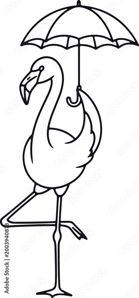 Obraz premium Flamingo holding umbrella line drawing on checkerboard background.
