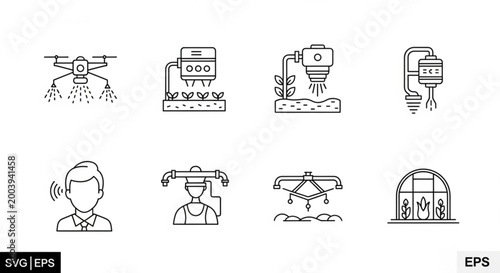 Set of modern line style irrigation and farming icons in vector format