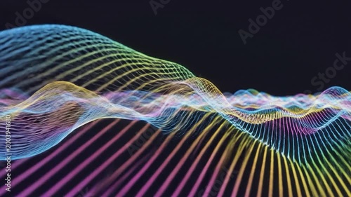 Abstract digital landscape with colorful lines and waves, representing data flow and network connections on a dark background