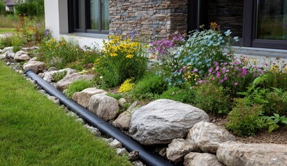 Vibrant flowers and rocks border a modern home's manicured lawn