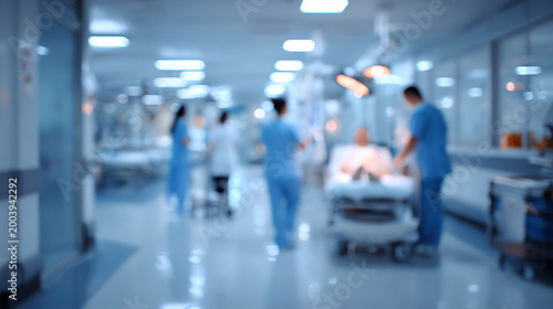 Blurred hospital scene with medical professionals attending to a patient in an emergency room.