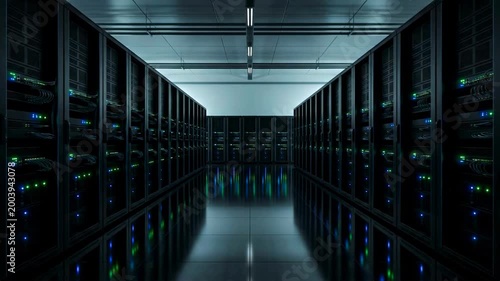 Data center server room corridor glowing lights slow motion cinematic 4K