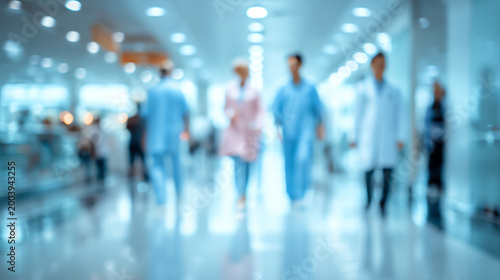 Blurred image of healthcare professionals walking through a modern hospital corridor, symbolizing teamwork and care.