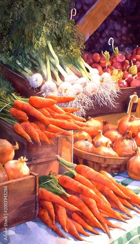 Rustic market vegetables watercolor illustration soft light calm textures balanced composition serene scene