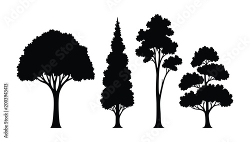 Schilderij op canvas Silhouettes of four diverse trees against a white background