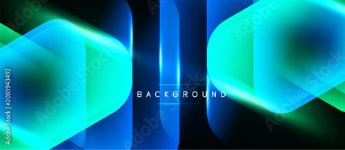 Abstract neon shapes overlap, creating vibrant blue, green glow. Dark background emphasizes luminosity, modern design element.