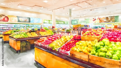 Abundant fresh produce aisle illustration evokes a vibrant healthy food market atmosphere