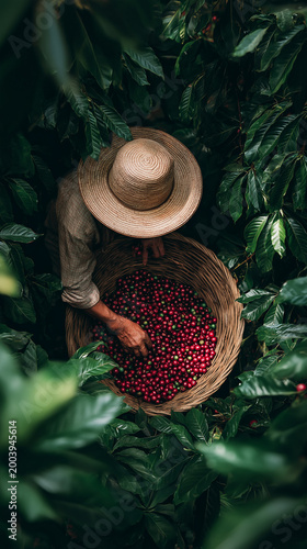 cinematic top-down view, close-up of a rustic basket, positioned precisely in the center of the frame, where a person in a wide-brimmed hat and simple work clothes is sorting through the ripe red coff