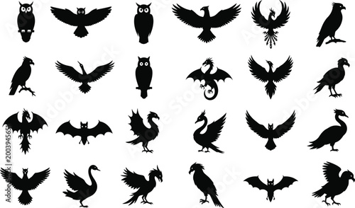 Foto Collection of black silhouette birds diverse poses and species