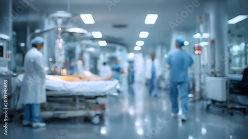 Blurred view of a busy hospital corridor with medical staff attending to patients and equipment in use.