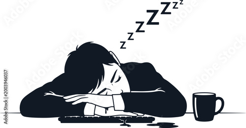 Man sleeping at desk with coffee and keyboard, tired and overworked.