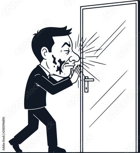 Man in suit hitting face into glass door with shattered effect.