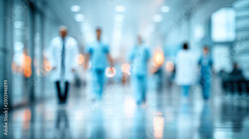 Blurry image of medical professionals walking in a hospital corridor, illustrating teamwork in healthcare.