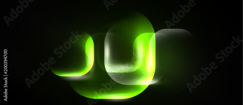 Abstract glowing lines form letter shapes. Bright green neon effect over dark background. Minimalist design, smooth curves, modern aesthetic.