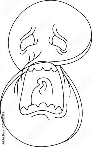 Crying face with open mouth and tears on transparent background.