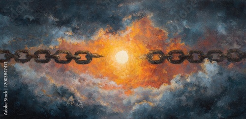 A broken chain across a radiant, fiery sky with dark, swirling clouds