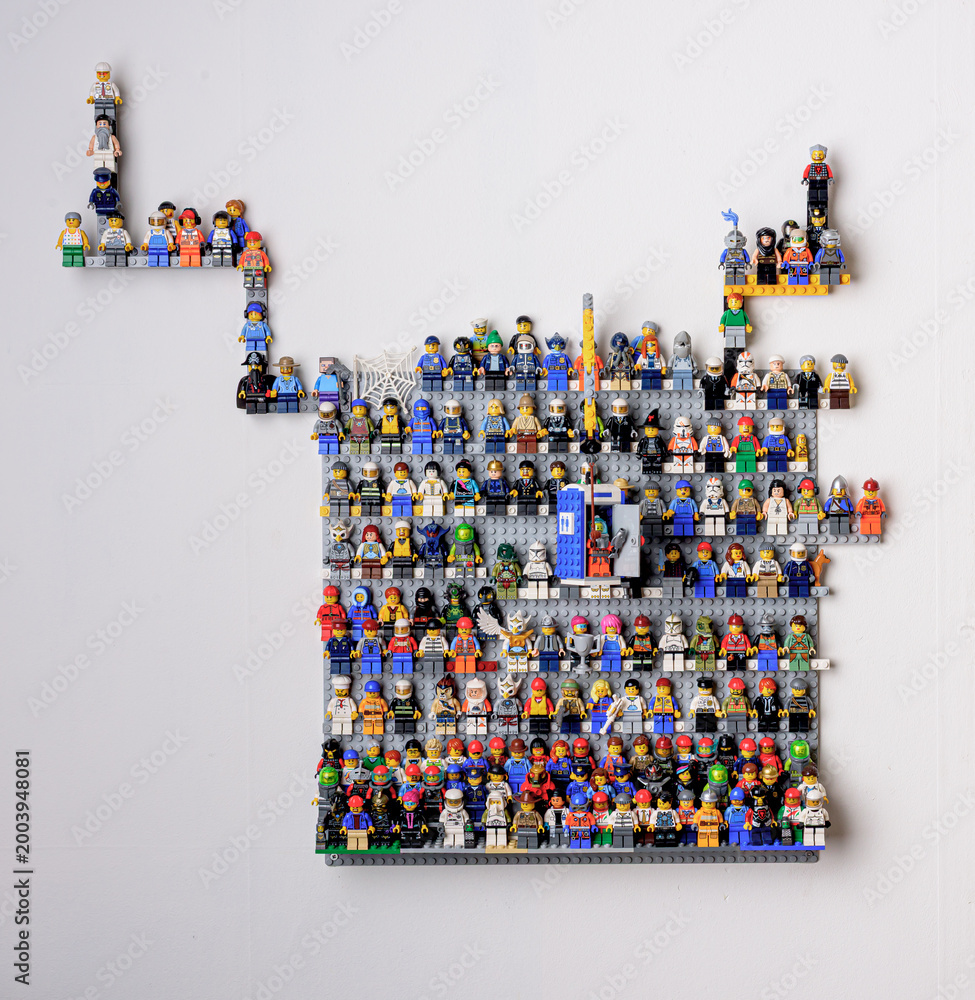 Obraz premium Gothenburg, Sweden - February 18 2018: Large wall display of colorful Lego minifigure collection.