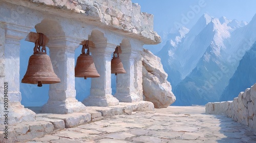 Bronze bells hang from a white stone colonnade overlooking a vast, misty mountain range. The ancient architectural setting and serene blue landscape evoke a sense of spiritual peace.