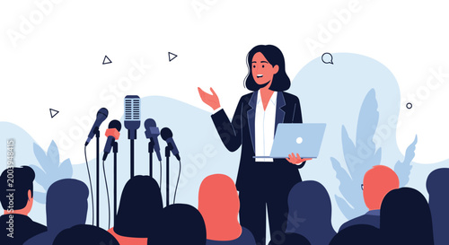 Professional woman giving a presentation or speech to an audience using a laptop and multiple microphones at a press conference.