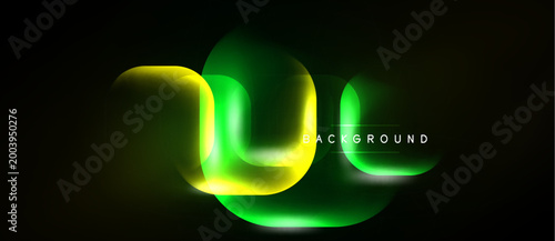 Abstract neon shapes overlap, creating vibrant glow. Dark background emphasizes bright yellow, green hues. Modern design element.