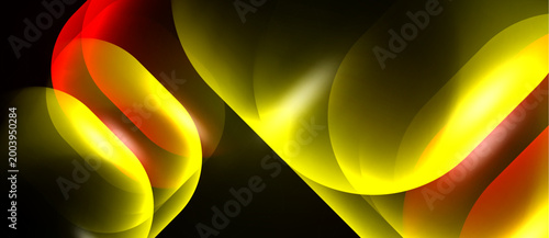 Abstract shapes, vibrant yellows, reds blend. Dynamic curves suggest movement, energy. Dark background emphasizes luminosity, form.