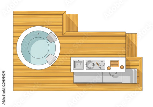 Top-down view of a compact cabin layout with a hot tub and kitchenette, detailed in CAD