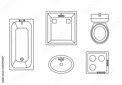 Top View CAD Drawings of Bathroom Fixtures Bathtub, Sink, and Toilet with Stove Top