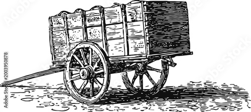Vintage wooden cart with large spoked wheels old transportation vehicle hand drawn illustration