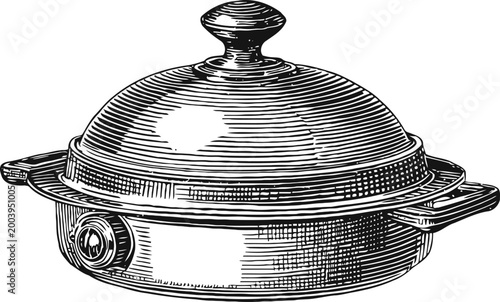 Vintage round casserole dish with lid, detailed black and white line art illustration
