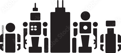 Robotic characters featuring 5 distinct cyborg figures and a tall tower in vector style