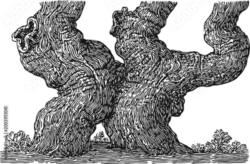 Detailed vintage engraving of twisted tree trunks with textured bark and small plants