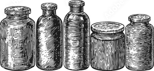 Vintage medicine bottles hand drawn set old glass jars and containers in engraving