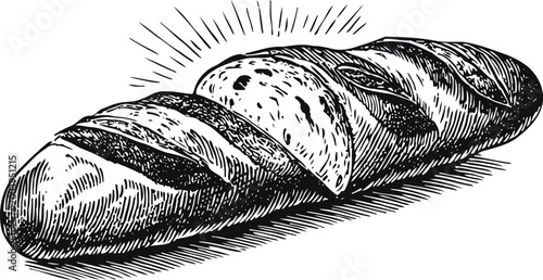 Hand drawn baguette loaf with crispy crust and soft interior slice vintage bakery bread illustration
