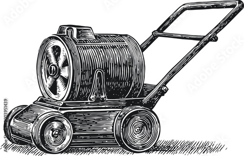 Vintage lawn mower illustration with wheels and motor, classic gardening equipment drawing