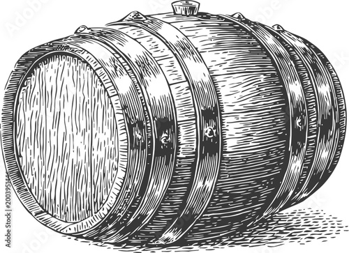 Vintage wooden barrel lying on its side with metal hoops detailed hand drawn illustration