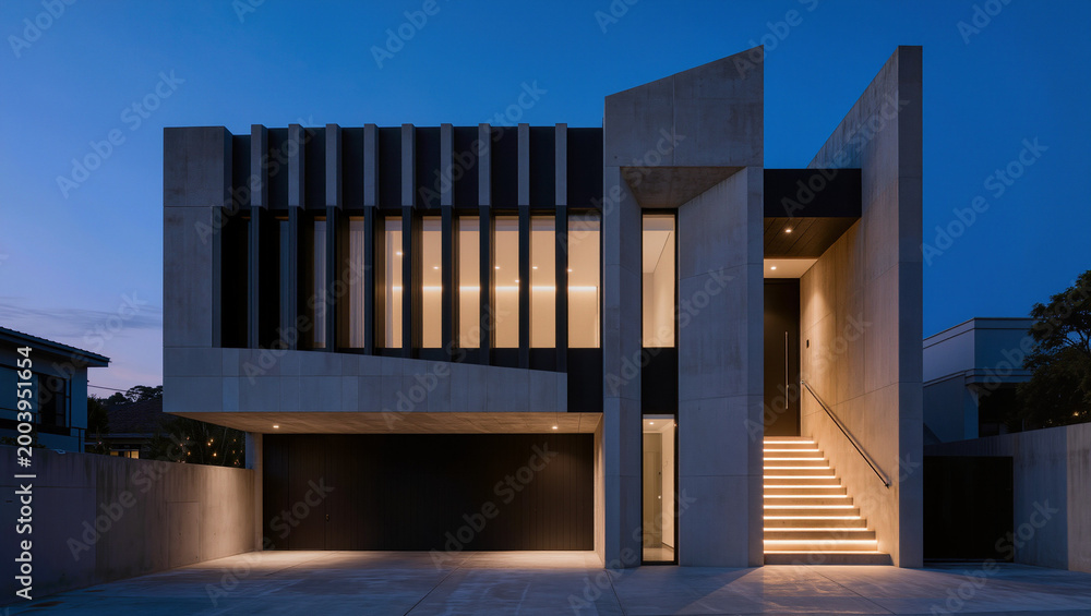 Fototapeta premium Modern Concrete House Exterior with Illuminated Staircase at Dusk