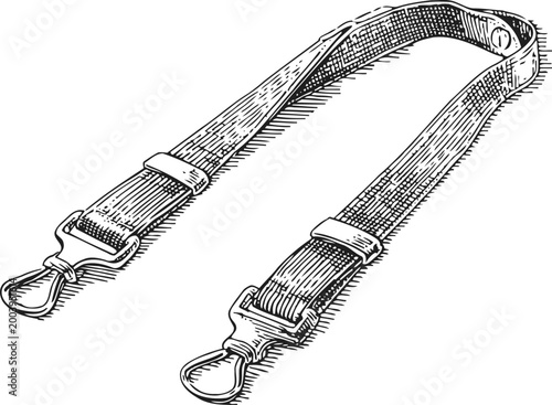 Adjustable shoulder strap with metal clasps, vintage sketch illustration of clothing accessory