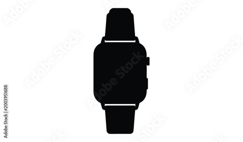 A stark black silhouette of a modern smartwatch is prominently displayed against a plain white background showcasing its design silhouette high quality professional detailed