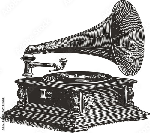 Vintage gramophone with large horn and wooden base engraved illustration for music device concept