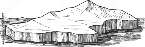 vintage hand drawn mountain landscape with cliffs and rocky terrain illustration