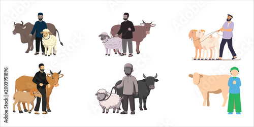 Set of Muslim Men with Qurbani Livestock Animals for Eid al-Adha, Islamic Sacrifice Festival Preparation with Cow Sheep and Goat Flat Vector Illustration
