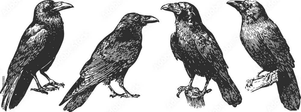 Fototapeta premium detailed hand drawn raven illustrations in various poses with intricate feather texture and shading