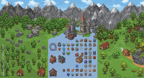 Pixel art game assets collection, fantasy world map construction kit with mountains and trees, medieval village buildings and nature elements vector