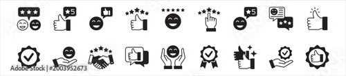Good rating, Positive review and feedback icon set. Featuring icon symbol : happy customer, 5 stars rating, check mark badge, satisfaction, giving review, two thumb up, experience, approval.