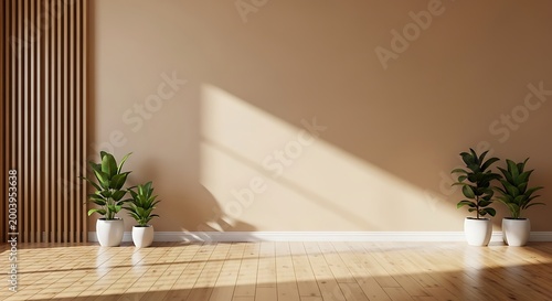 Empty room interior with a blank beige wall, wooden floor, and houseplants. Natural light and shadows create a serene background for product placement or design concepts