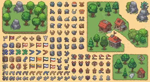Pixel art game assets collection, fantasy map building elements with trees and houses, isometric strategy game icons for world building