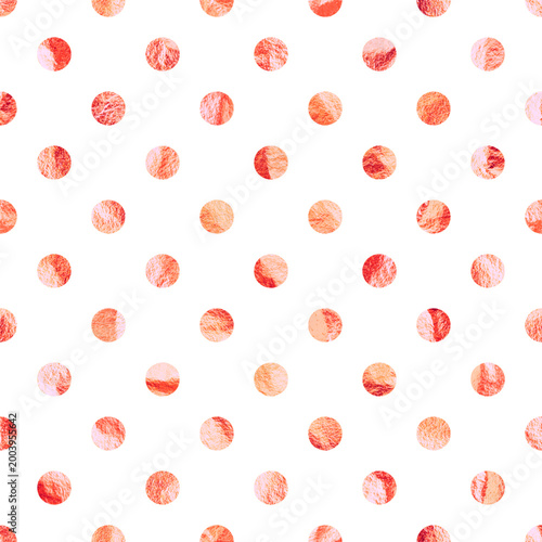 Rose gold foil seamless texture, shiny handmade circles. Golden glittering pattern. Shining hand drawn background. Wedding, greeting card decoration. Modern minimalist art. Vector illustration