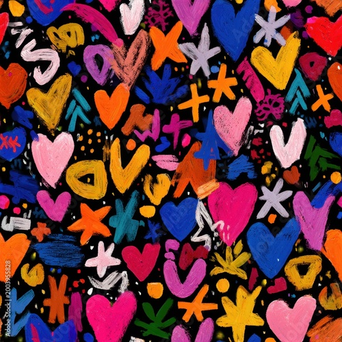 Vibrant multicolor hand-drawn hearts and stars pattern on black background creating bold and lively abstract art full of playful energy and expressive brushstrokes