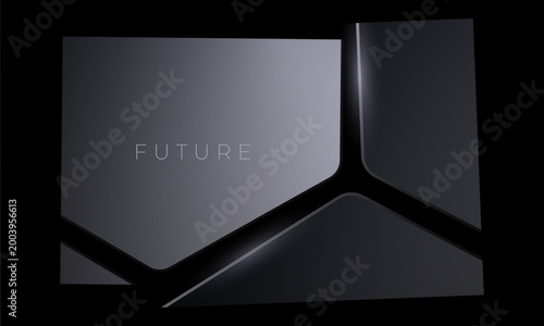 Futuristic geometric abstract background glossy panels and intersecting seams, deep charcoal palette, subtle reflections and soft rim lighting, minimalist modern interface.