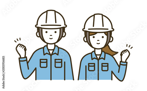 ガッツポーズをする作業員の男女ペアセット｜白ヘルメット・作業服・チーム・解決